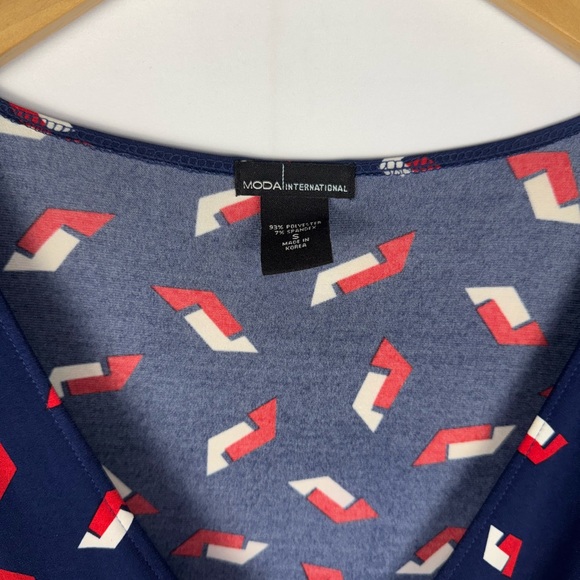 Moda International Navy Blue Wrap Dress with Red and White Pattern 4 - Picture 3 of 9